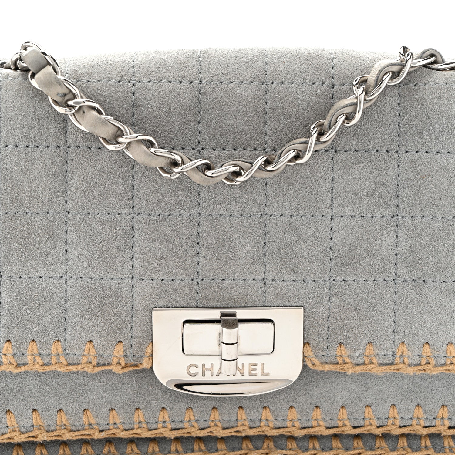 Chanel Suede Chocolate Bar Whipstitch Mademoiselle Flap Grey 8 of 10