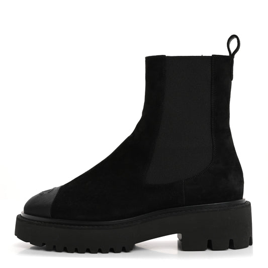 Suede Calfskin Grossgrain Cap Toe CC Ankle Boots 40 Black