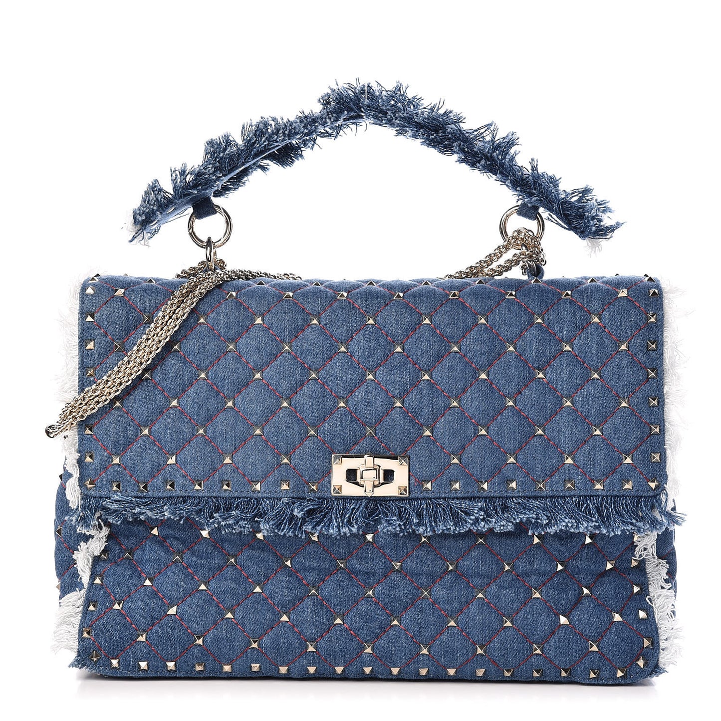 Denim Fringe Maxi Rockstud Spike Shoulder Bag Blue