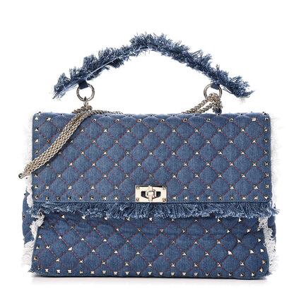 Valentino Garavani Denim Fringe Maxi Rockstud Spike Shoulder Bag Blue 1 of 8