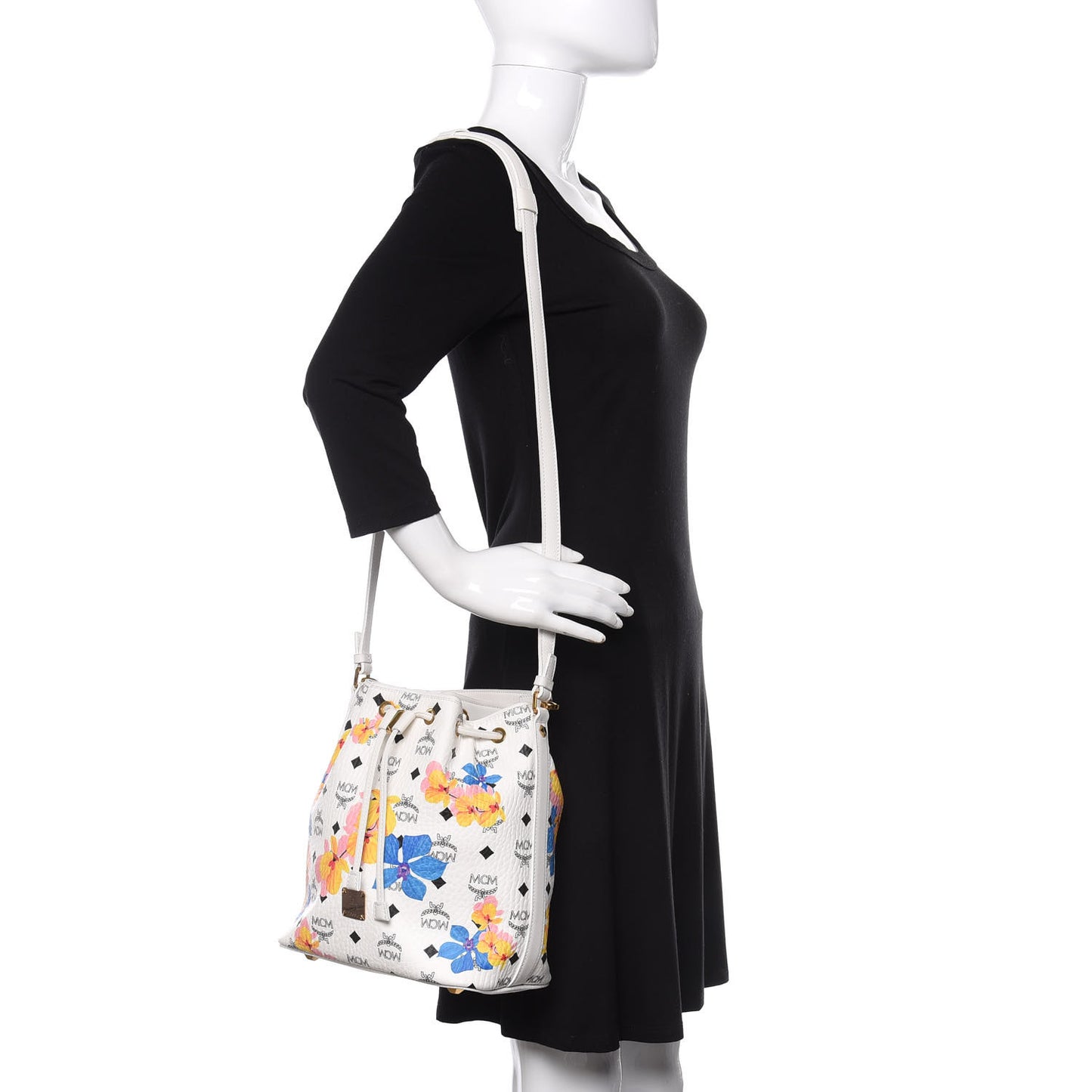 Visetos Floral Print Small Drawstring Bucket Bag White