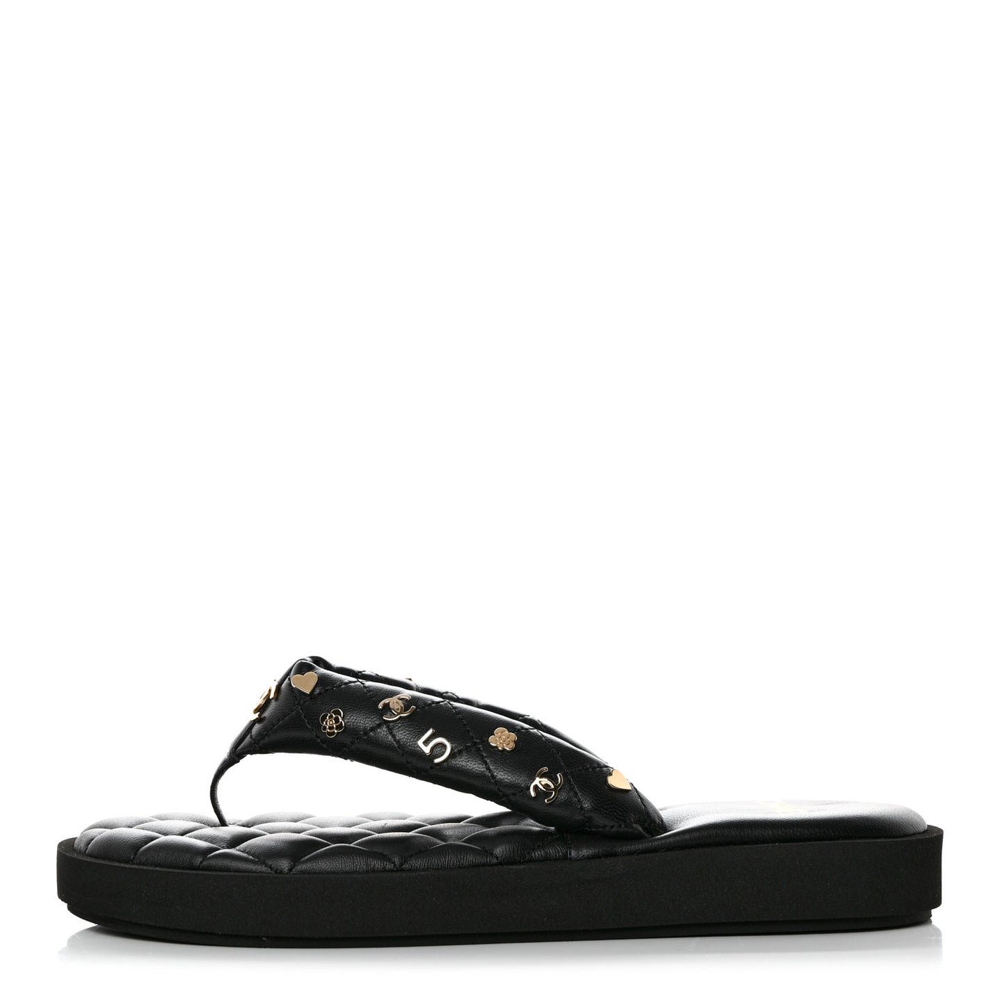 Lambskin Quilted Padded Charms Thong Sandals 39.5 Black