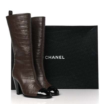 Chanel Calfskin Crocodile Embossed Cap Toe High Boots 35 Gold 8 of 8