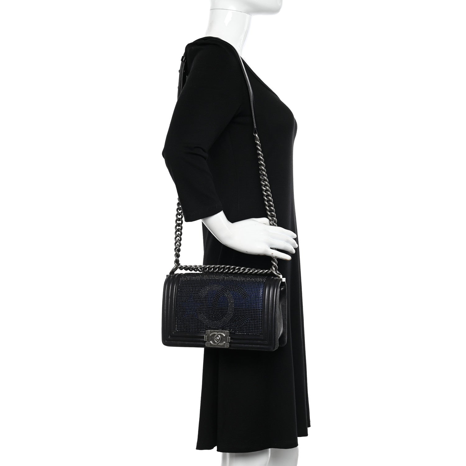 Chanel Iridescent Calfskin Quilted Strass Medium Paris Dallas Boy Flap Navy 2 of 11