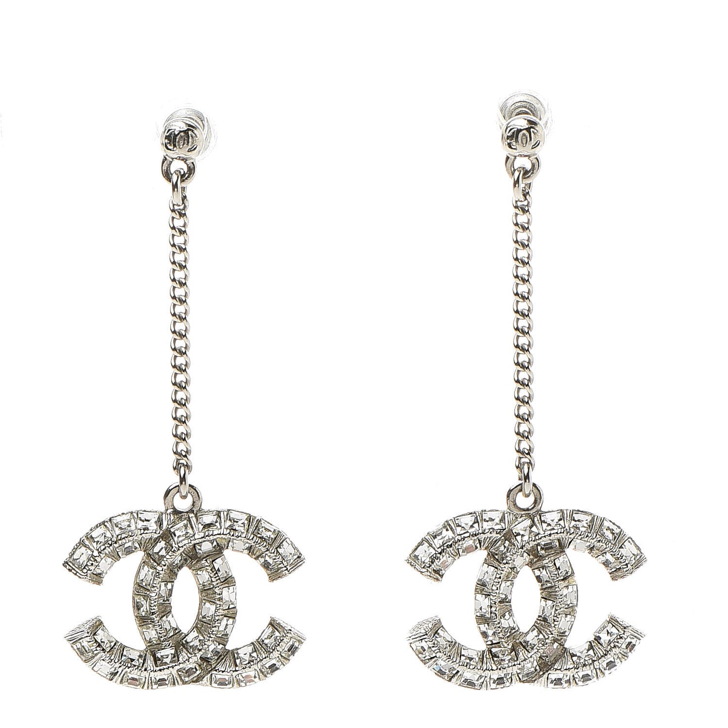 Baguette Crystal CC Drop Earrings Silver