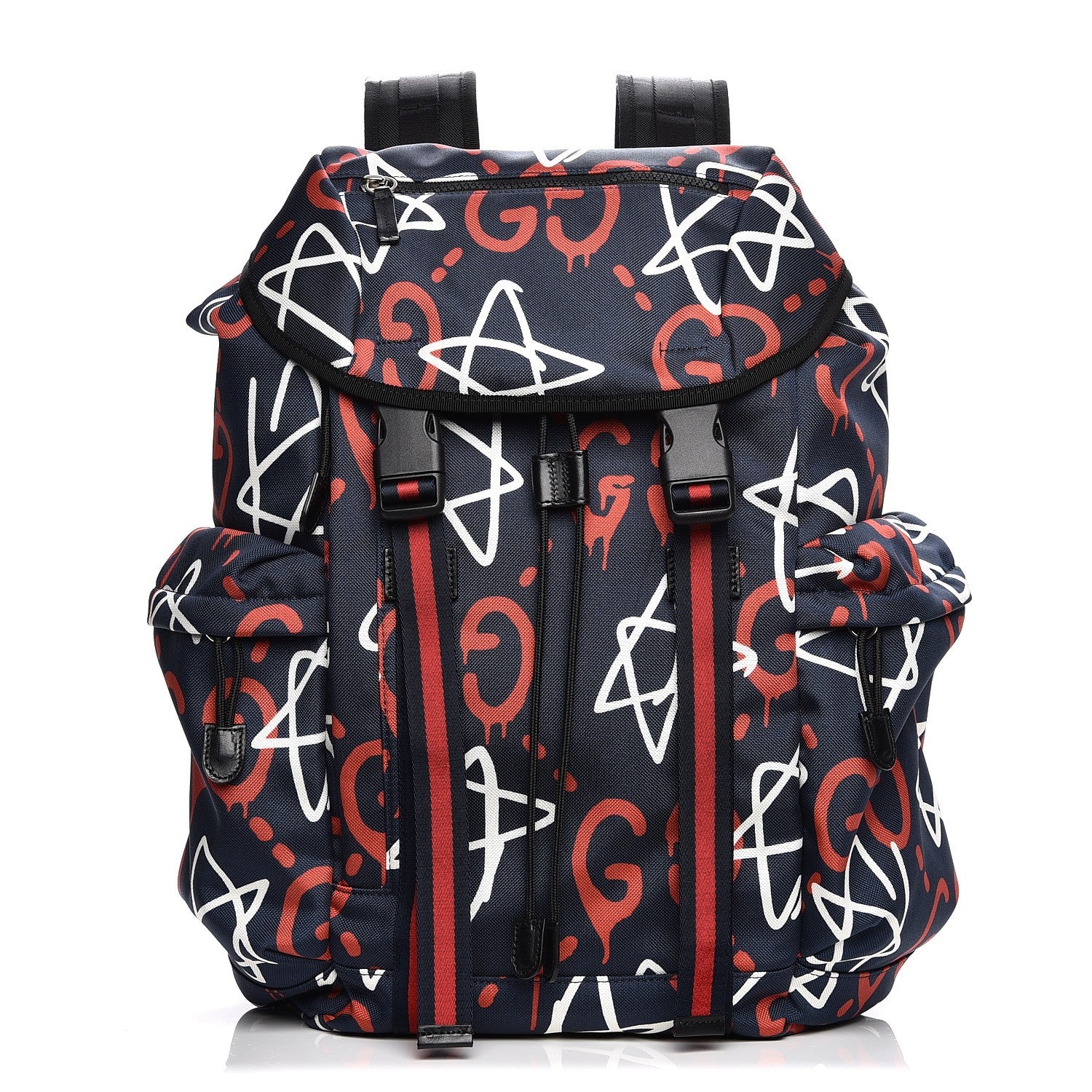 Gucci Techno Canvas GucciGhost Double Buckle Backpack Blue Agata Hibiscus Red 1 of 7