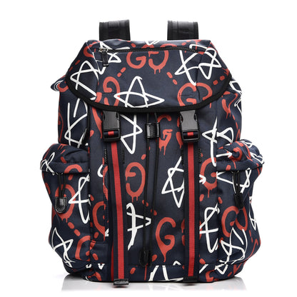 Gucci Techno Canvas GucciGhost Double Buckle Backpack Blue Agata Hibiscus Red 1 of 7
