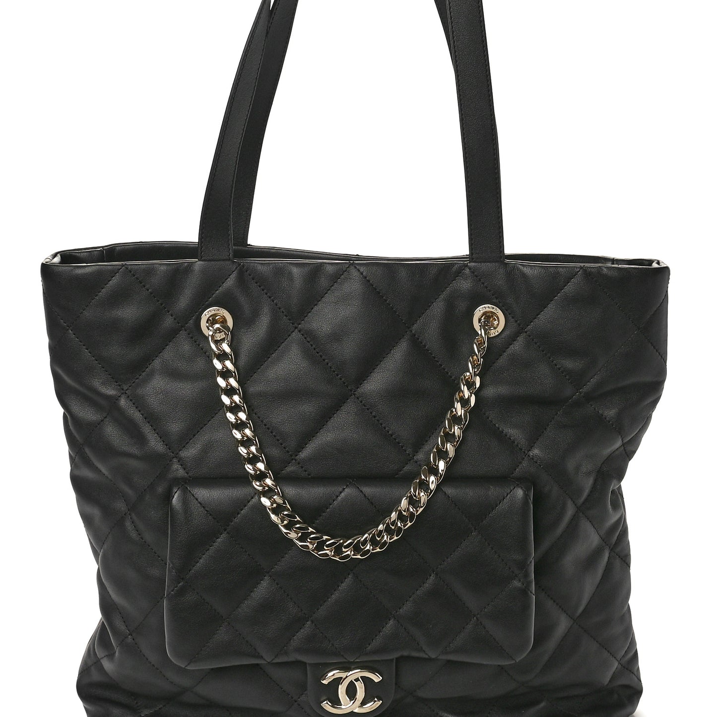Calfskin Quilted Pocket Shopping Tote Black
