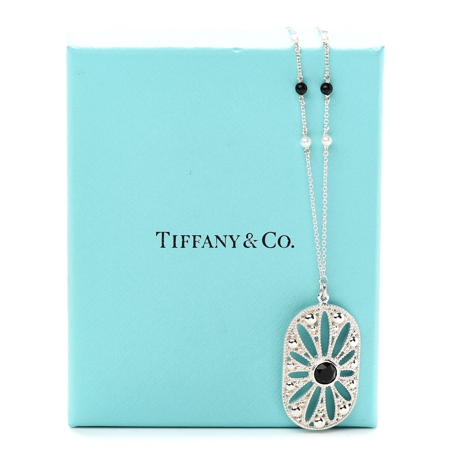 Tiffany Sterling Silver Black Onyx Pearl Ziegfeld Daisy Pendant Necklace 7 of 7