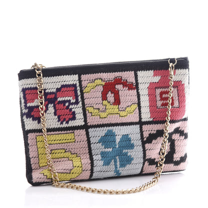 Chanel Needlepoint Precious Symbols Clutch Shoulder Bag Black 2 of 9