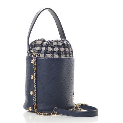 Chanel Calfskin Tweed Medium CC Chain Bucket Drawstring Bag Navy Blue Multicolor 3 of 10