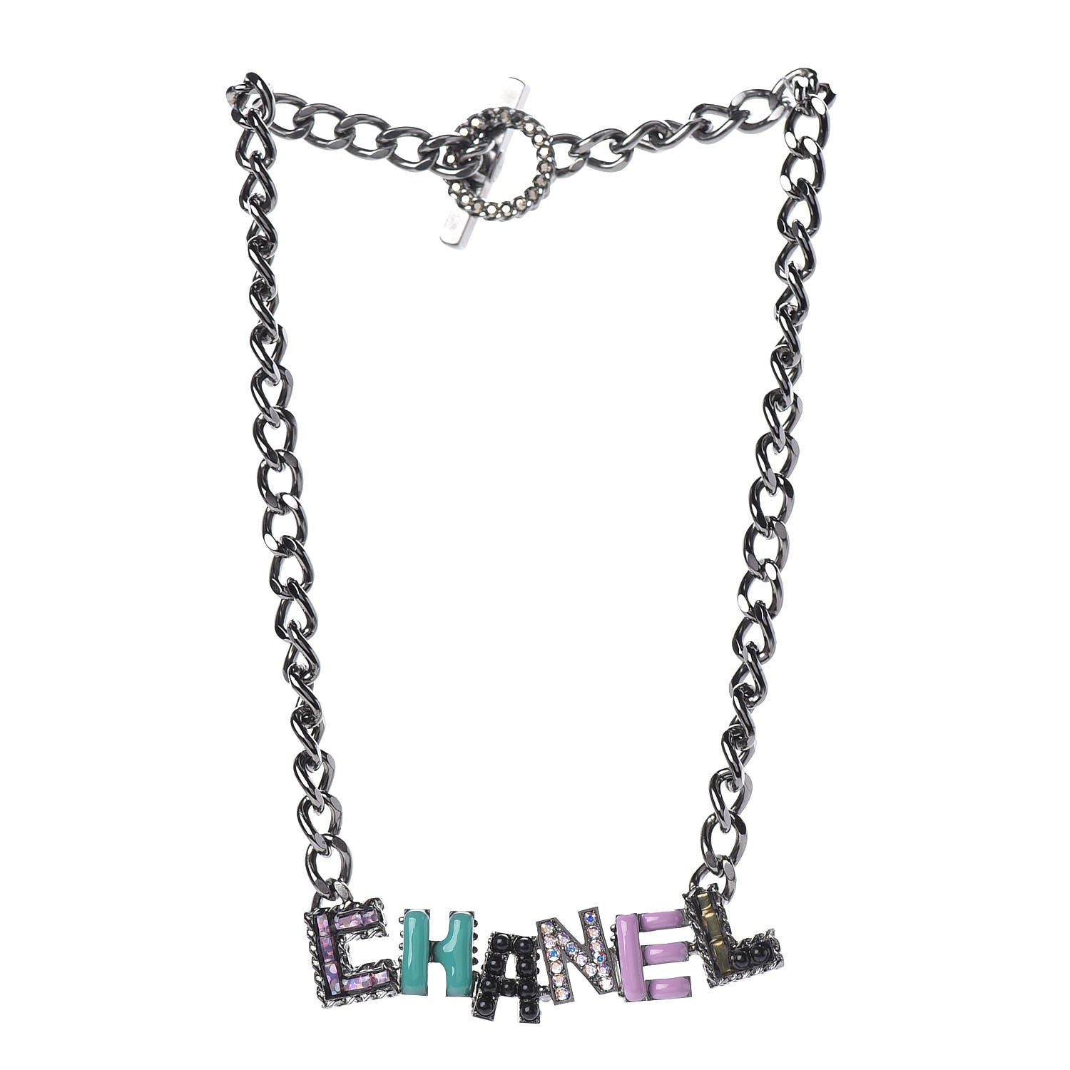Chanel Metal Strass Enamel CC Chain Link Choker Necklace Dark Silver 3 of 7