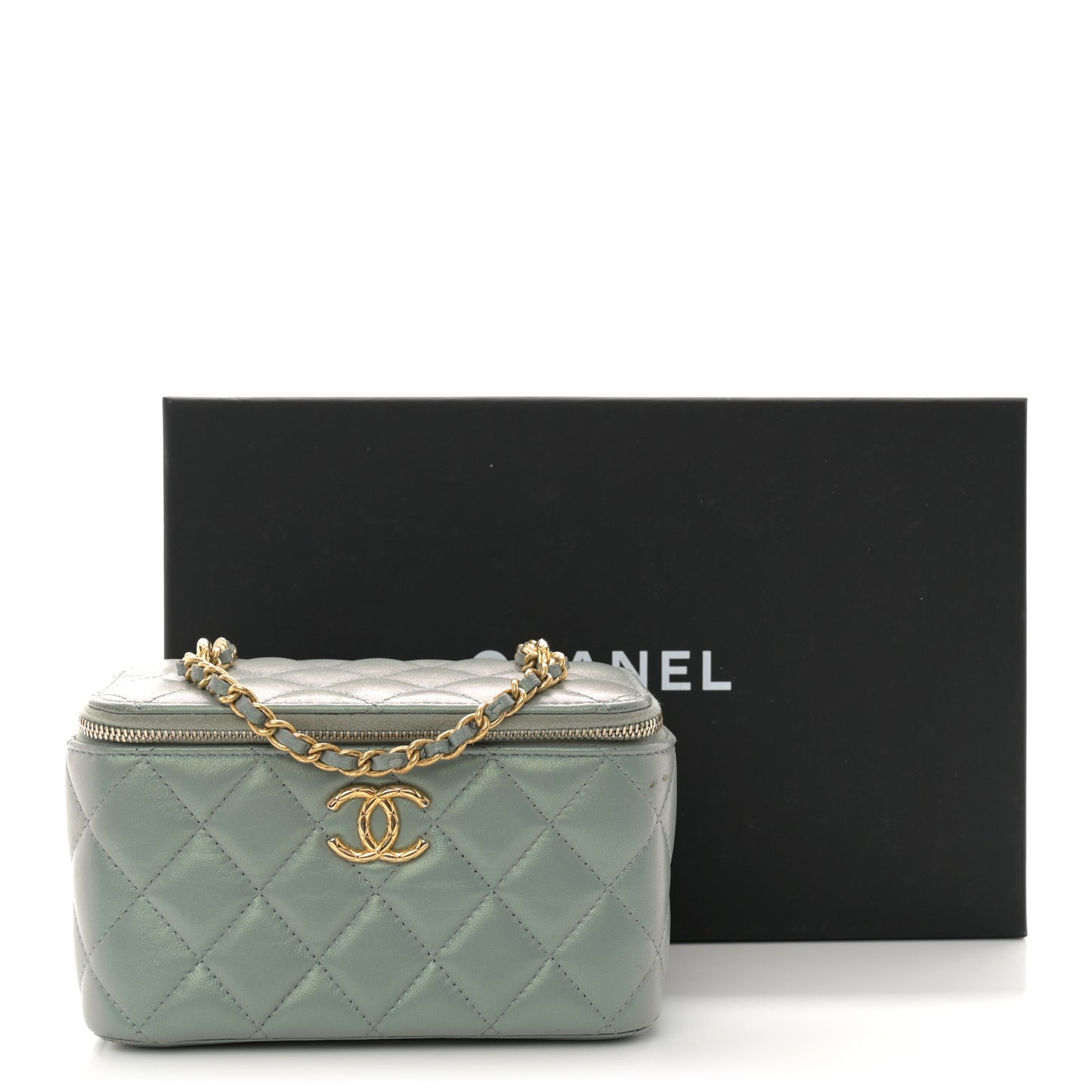 Metallic Lambskin Quilted Small CC Dynasty Vanity Case With Chain Grey