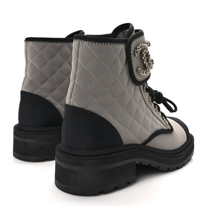 Chanel Fabric Grosgrain Quilted Cap Toe Lace Up Combat Boots 38 Gray 4 of 9