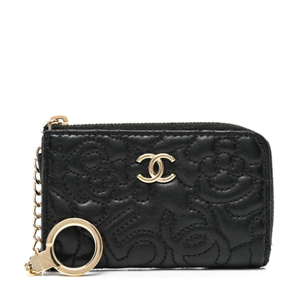Chanel Lambskin Camellia Embossed Key Holder Case Black 1 of 8