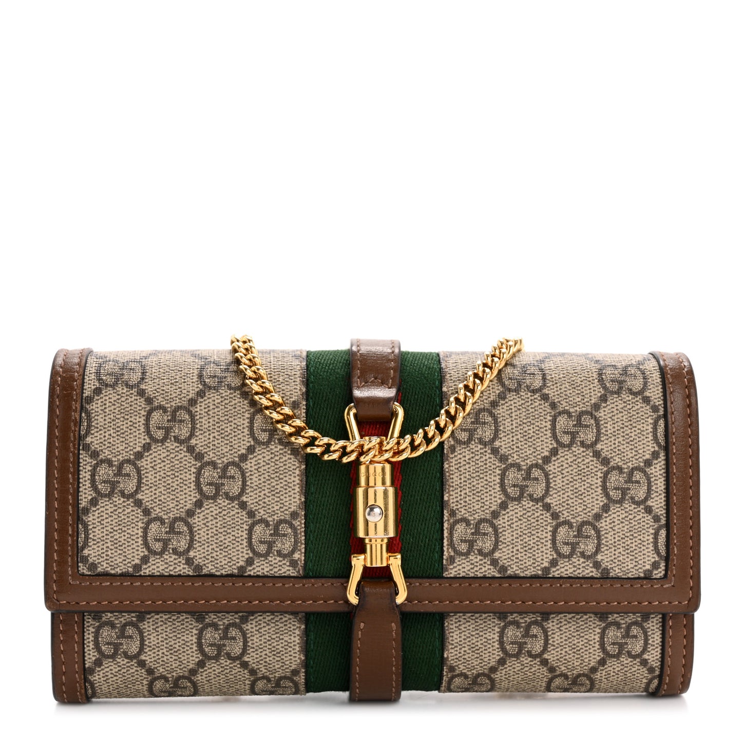 GG Supreme Monogram Azalea Calfskin Web Jackie 1961 Chain Wallet Beige Ebony Brown Sugar