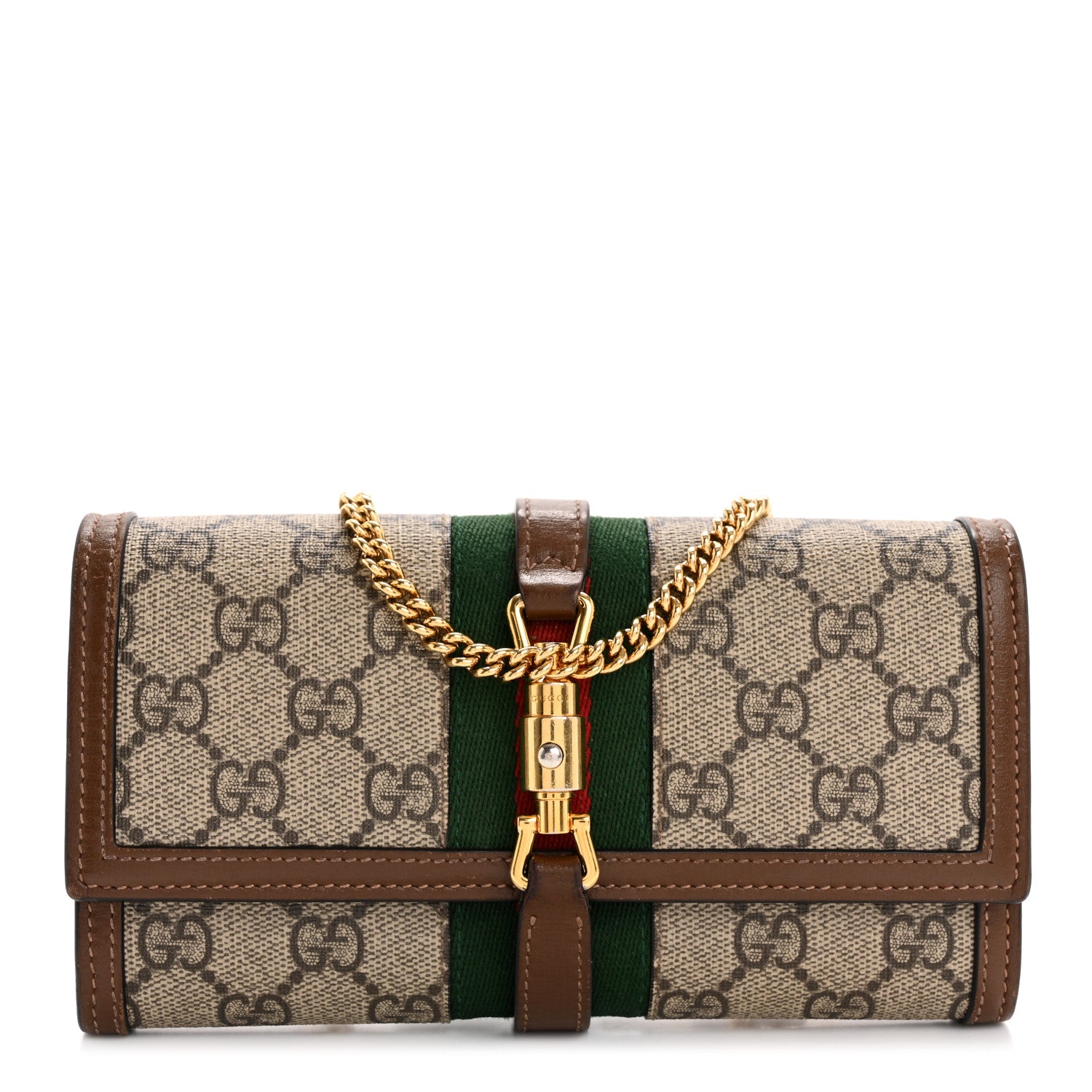 Gucci GG Supreme Monogram Azalea Calfskin Web Jackie 1961 Chain Wallet Beige Ebony Brown Sugar 1 of 10