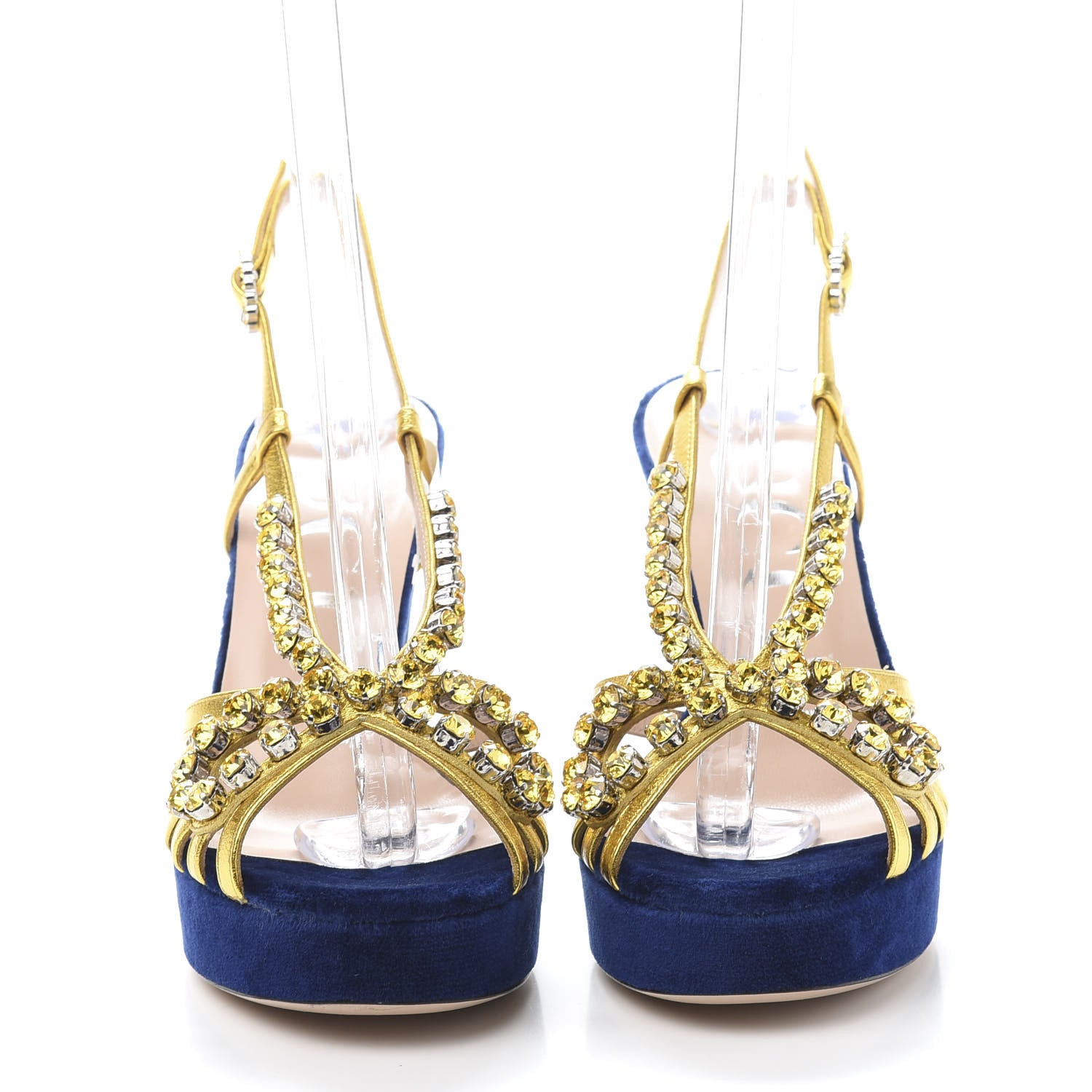 Gucci Velvet Nappa Crystal Zephyra Slingback Platform High Heel Sandals 35.5 Blue Gold 2 of 8