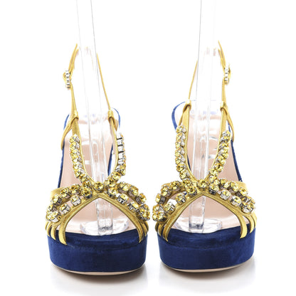 Gucci Velvet Nappa Crystal Zephyra Slingback Platform High Heel Sandals 35.5 Blue Gold 2 of 8