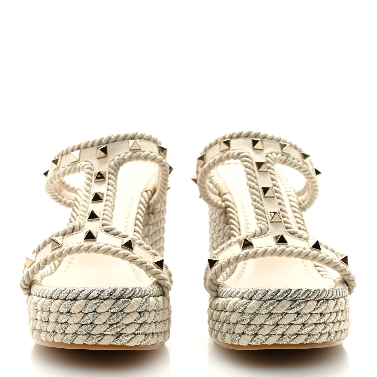 Calfskin Rockstud Torchon Espadrille 25/95mm Wedge Sandals 38 Light Ivory