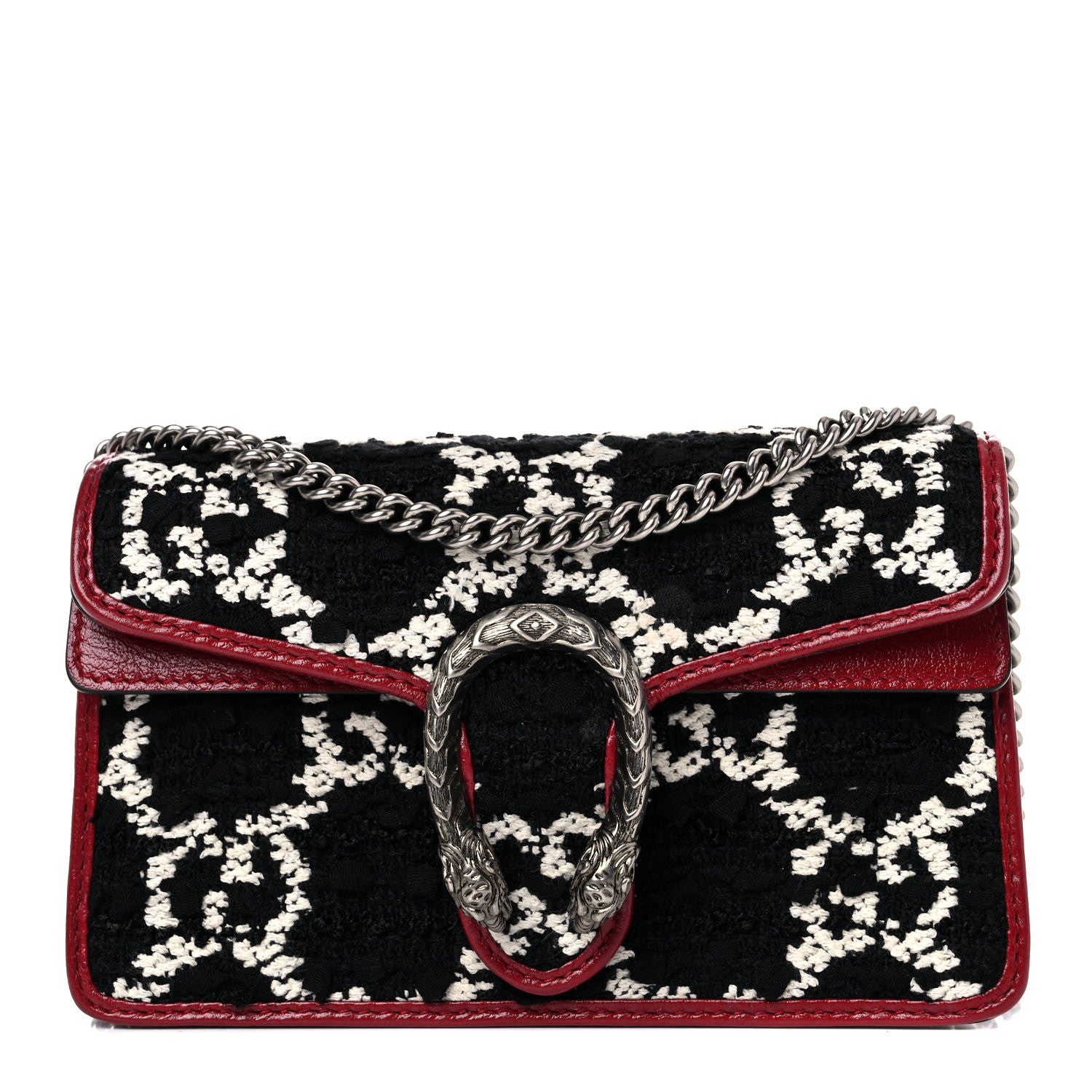 Gucci Tweed GG Monogram Super Mini Dionysus Shoulder Bag Black White Romantic Cherry 1 of 9