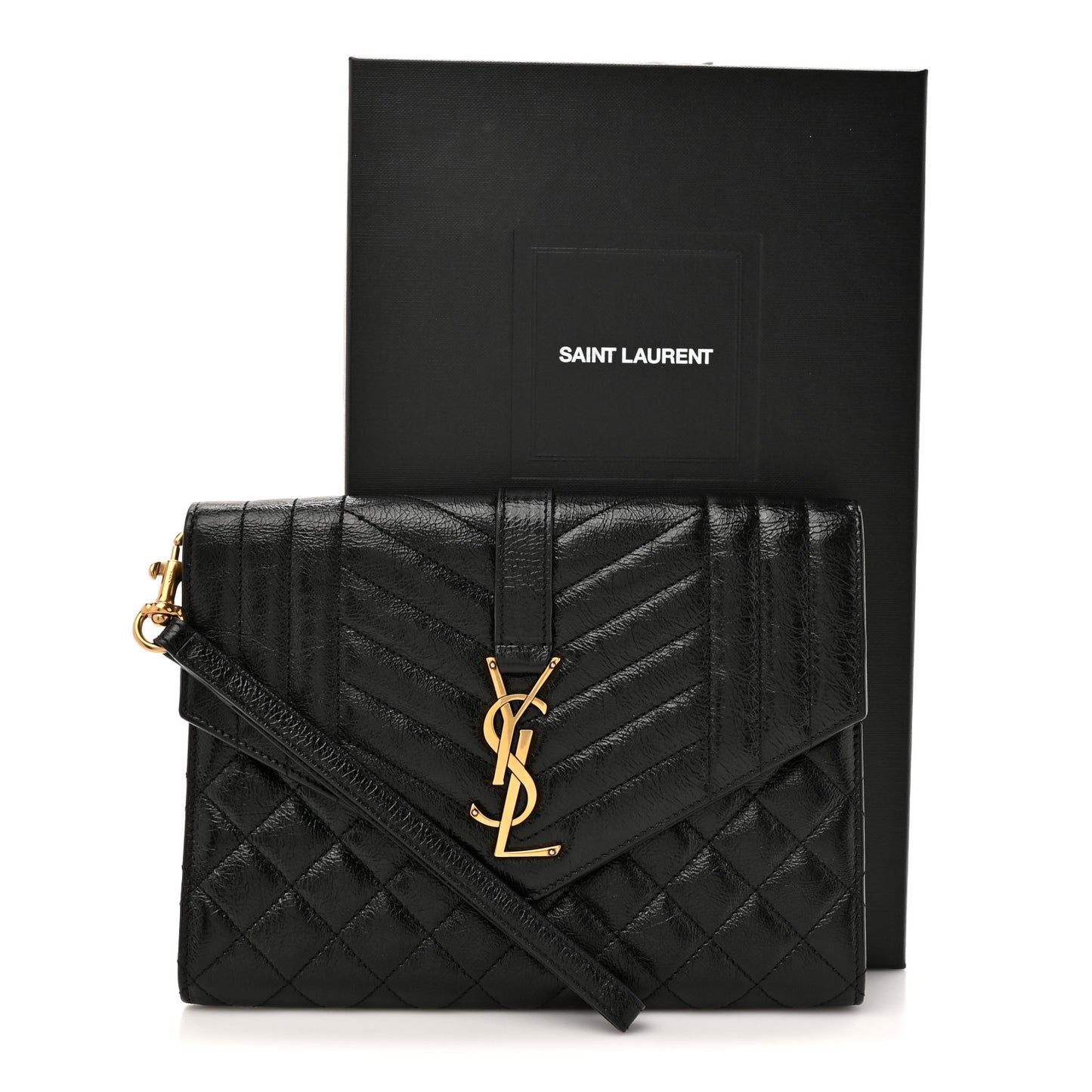 Crinkled Calfskin Mixed Matelasse Triquilt Monogram Clutch Black