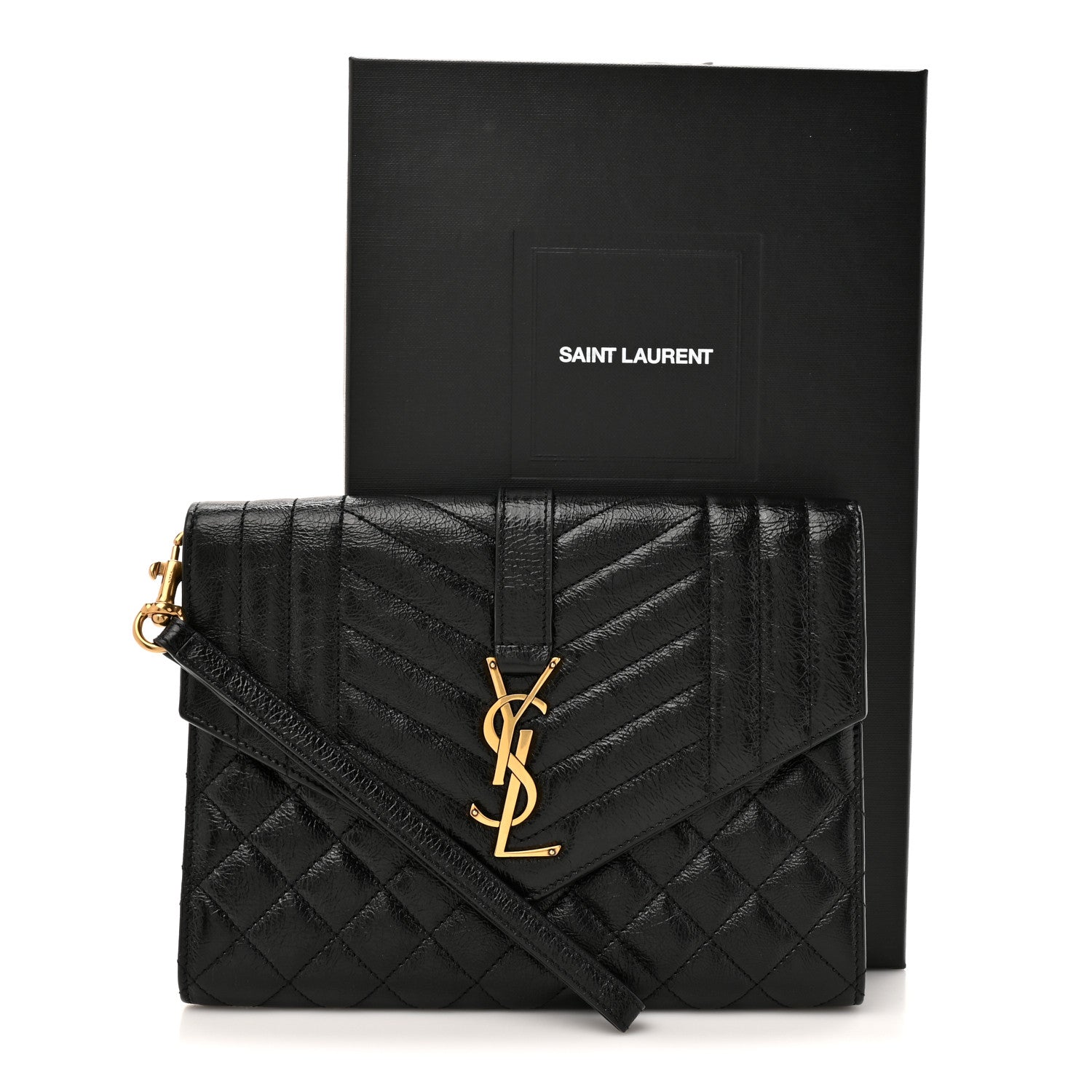 Saint Laurent Crinkled Calfskin Mixed Matelasse Triquilt Monogram Clutch Black 9 of 9