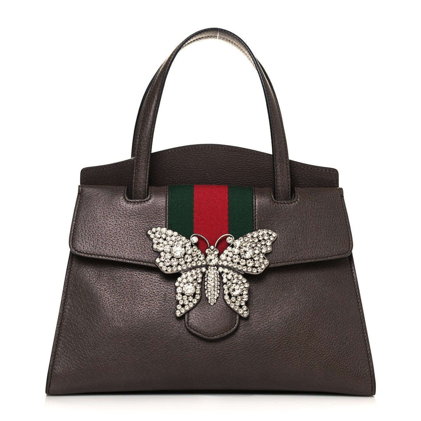 Textured Calfskin Web Crystal Butterfly Stripe Medium Totem Top Handle Bag New Acero