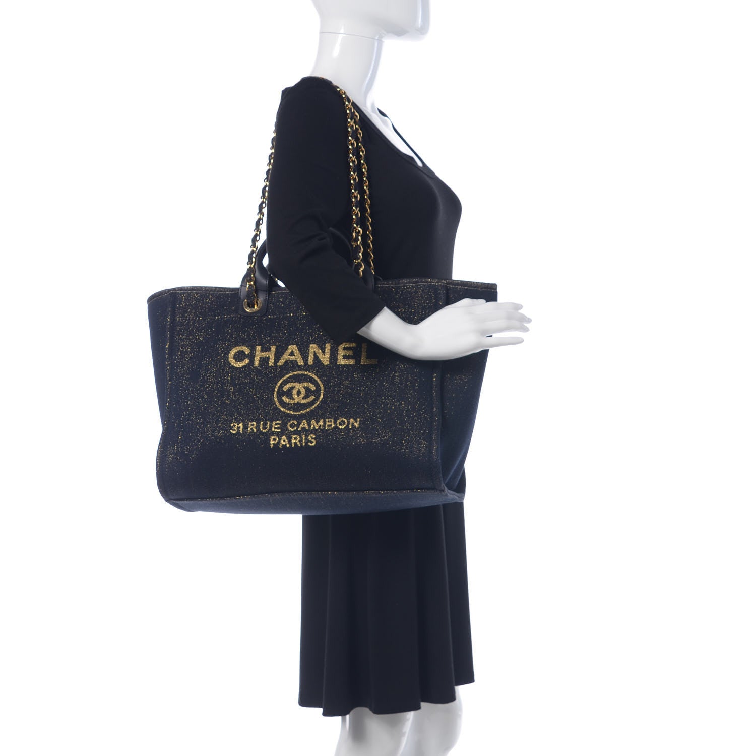 Chanel Lurex Canvas Medium Deauville Tote Navy Blue Gold 2 of 10