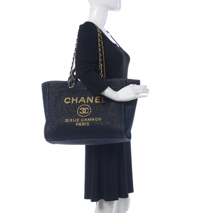 Chanel Lurex Canvas Medium Deauville Tote Navy Blue Gold 2 of 10