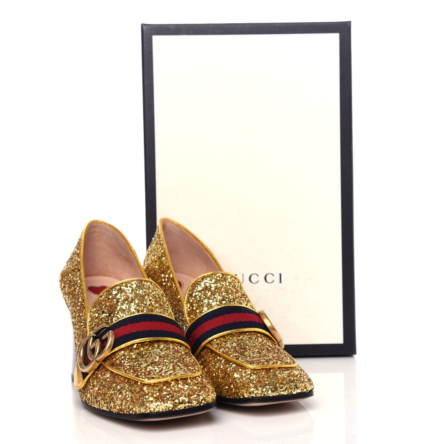 Gucci Glitter Nappa Web Peyton 75mm Loafer Pumps 38.5 Oro Vecchio 11 of 11