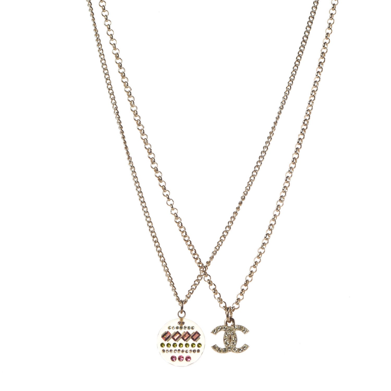 Chanel Resin Crystal CC Necklace Light Gold Pink Green 1 of 7