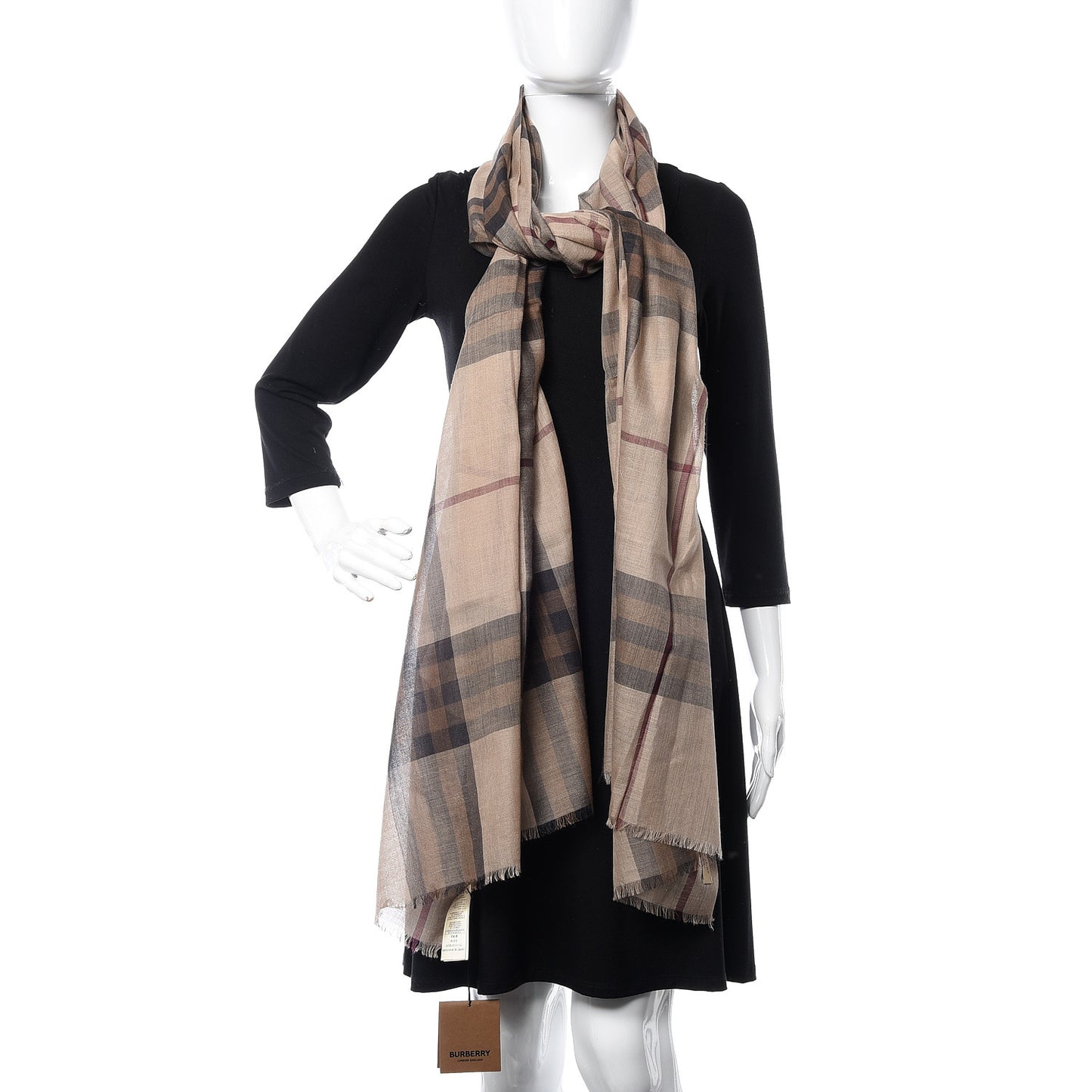Wool Silk Gauze Giant Check Scarf Camel