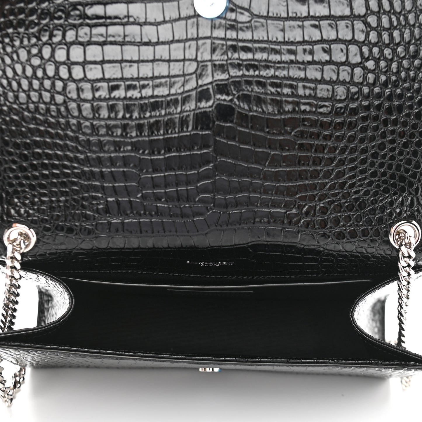 Calfskin Crocodile Embossed Medium Classic Monogram Kate Tassel Satchel Black