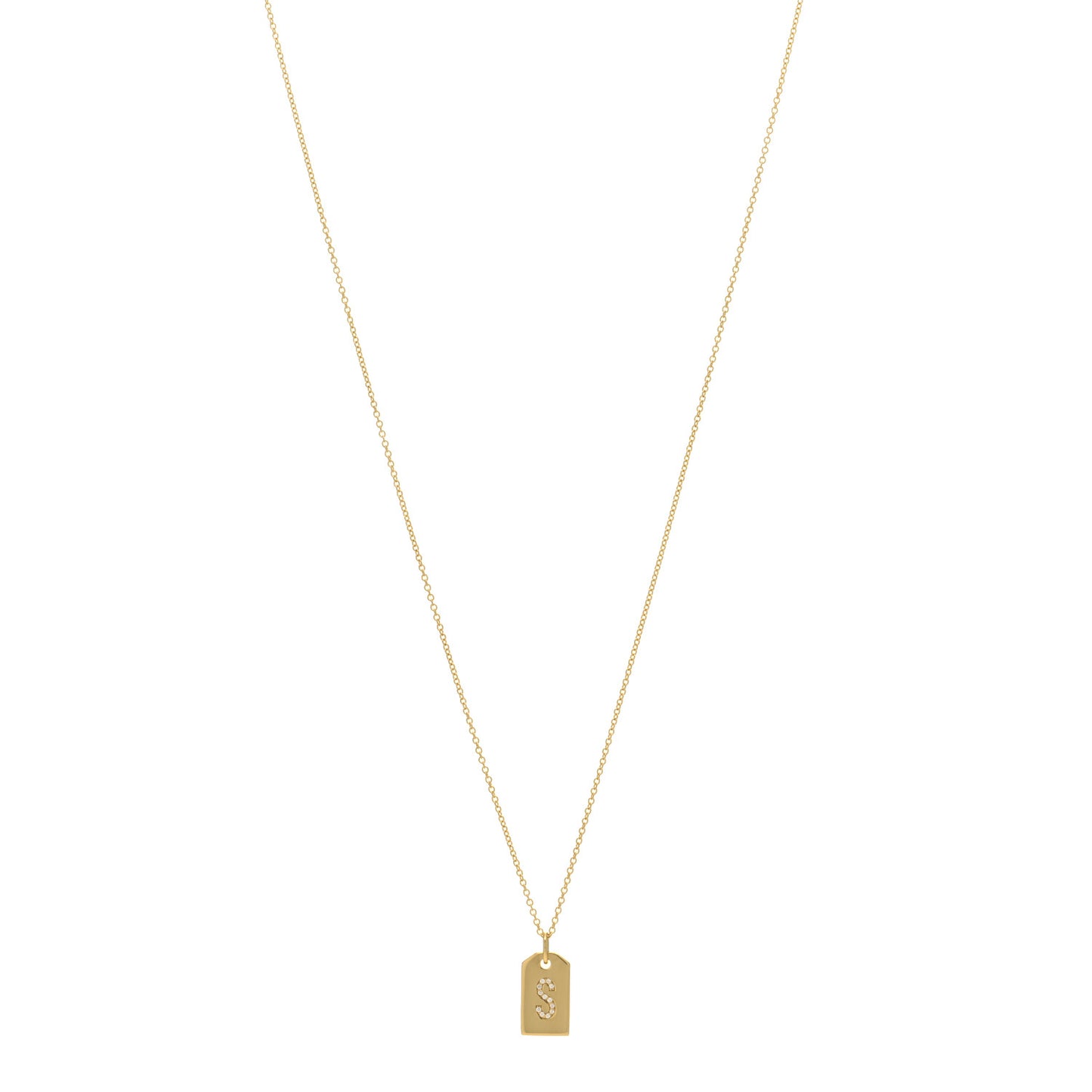 18K Yellow Gold Diamond Letter S Tag Pendant Necklace