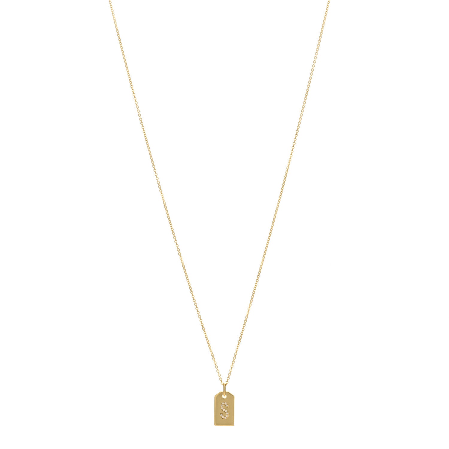 Tiffany 18K Yellow Gold Diamond Letter S Tag Pendant Necklace 1 of 3