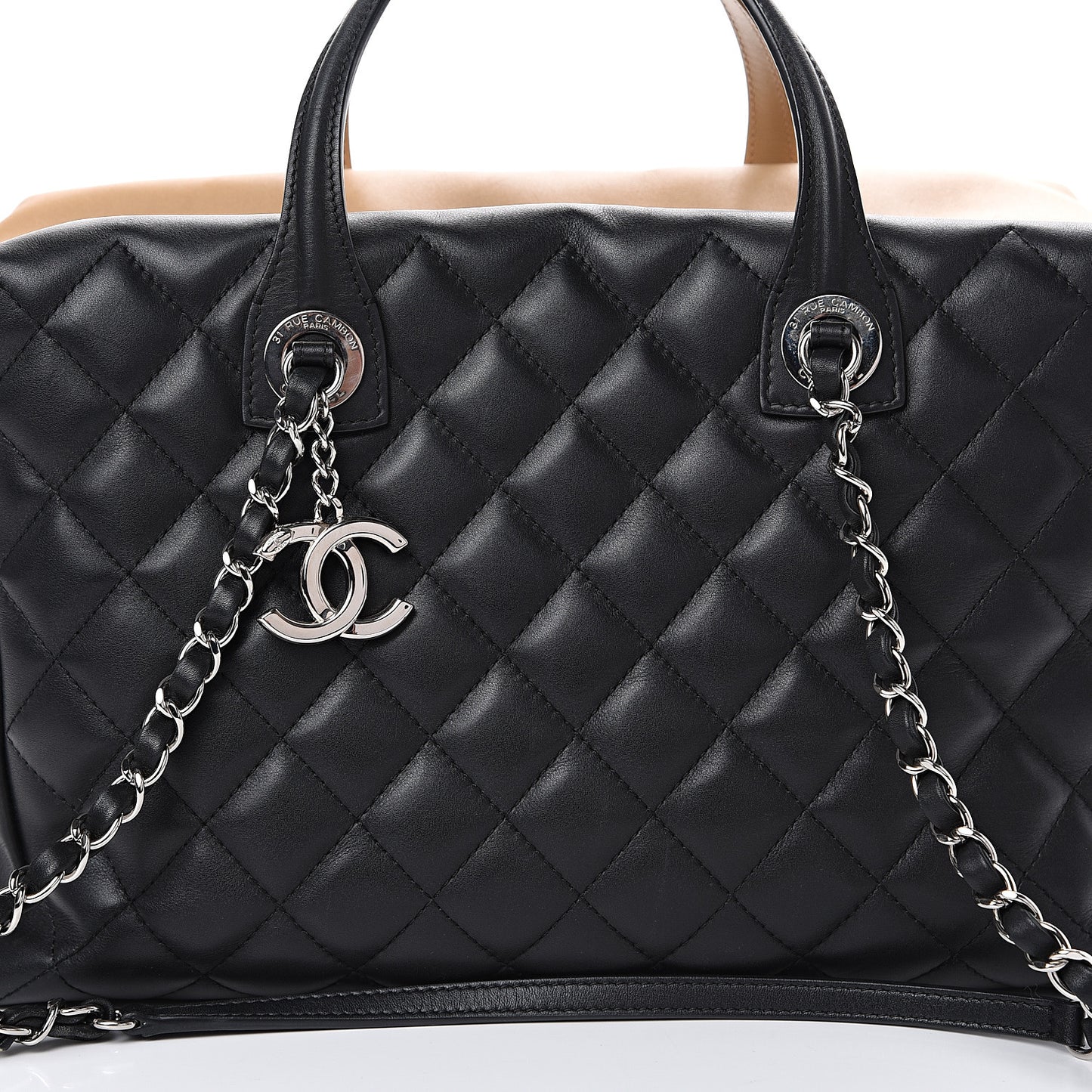 Calfskin Quilted Feather Weight Bowling Bag Black Beige
