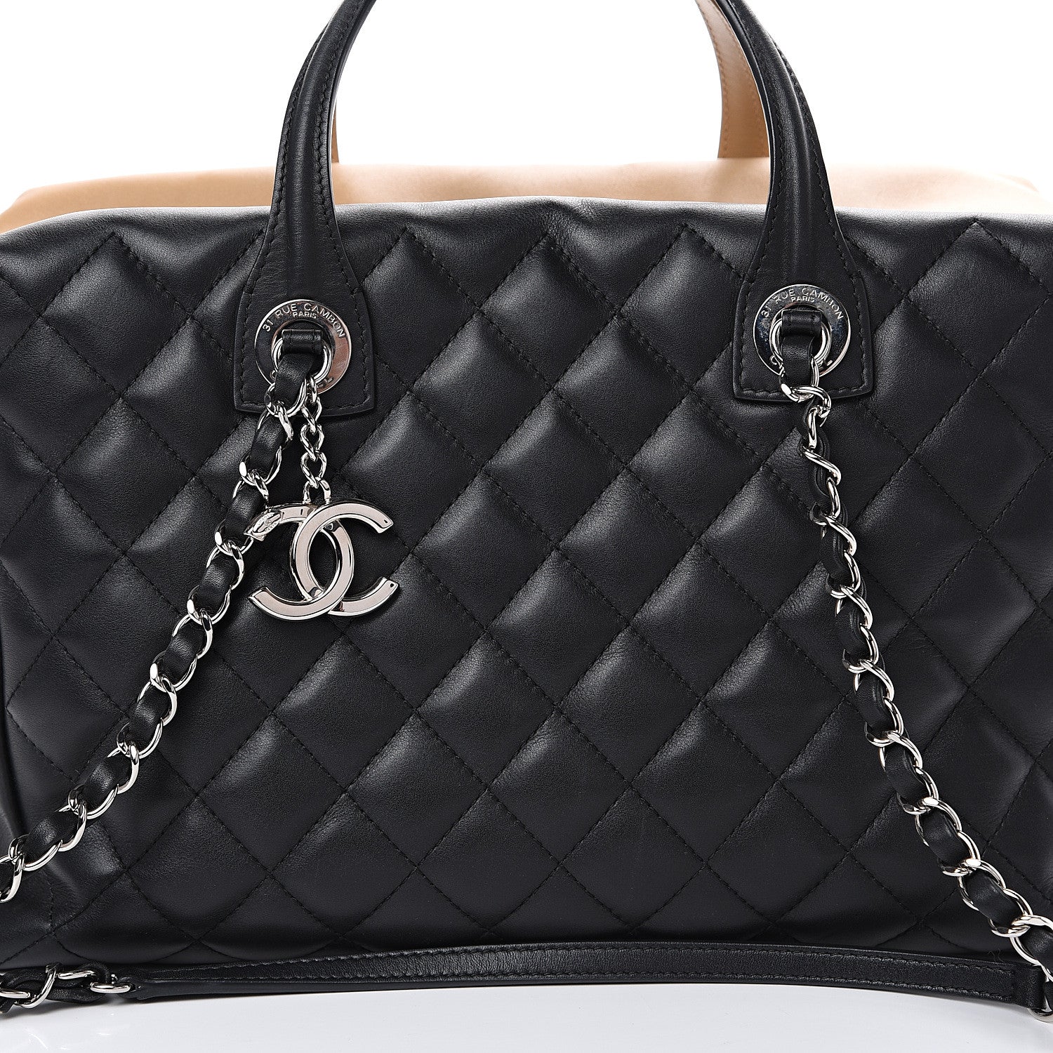 Chanel Calfskin Quilted Feather Weight Bowling Bag Black Beige 7 of 15