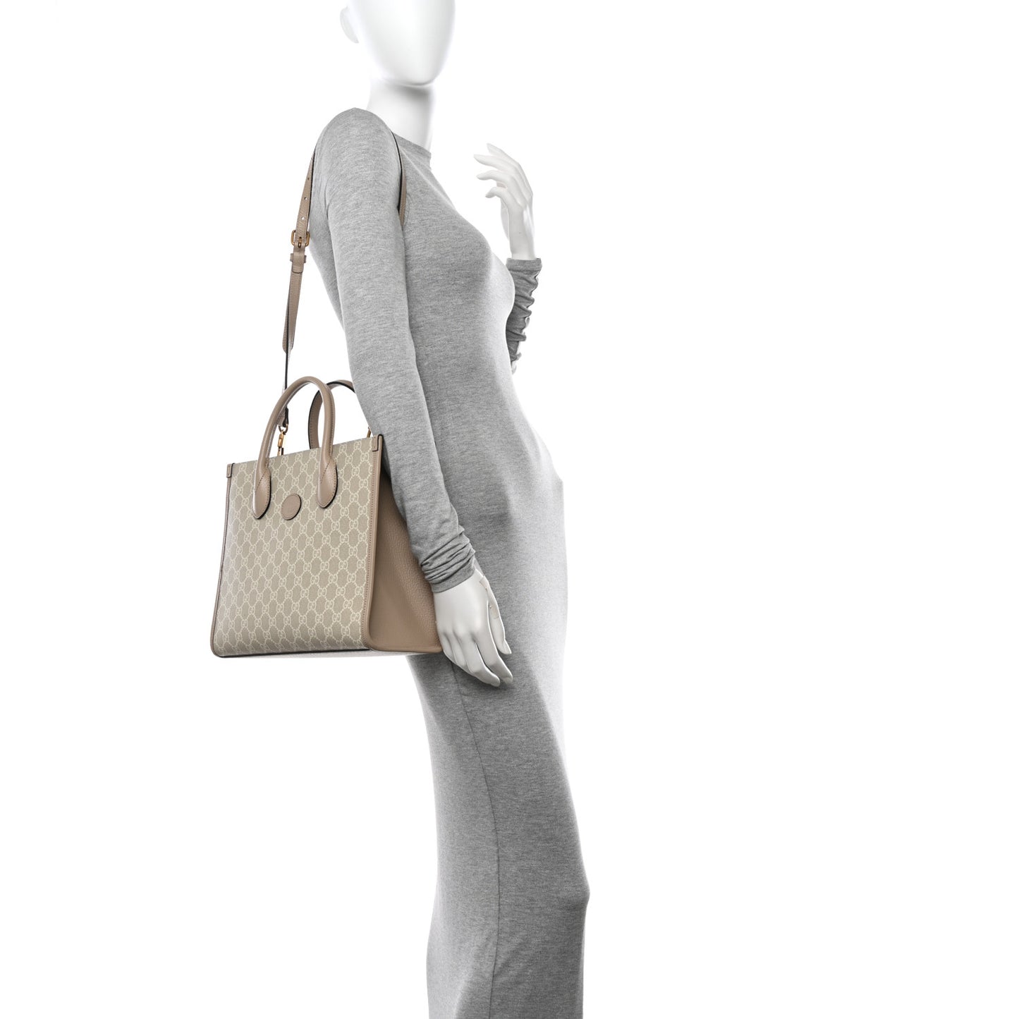 GG Supreme Monogram Textured Dollar Calfskin Small Retro Interlocking G Tote Bag Beige Mystic White Oatmeal