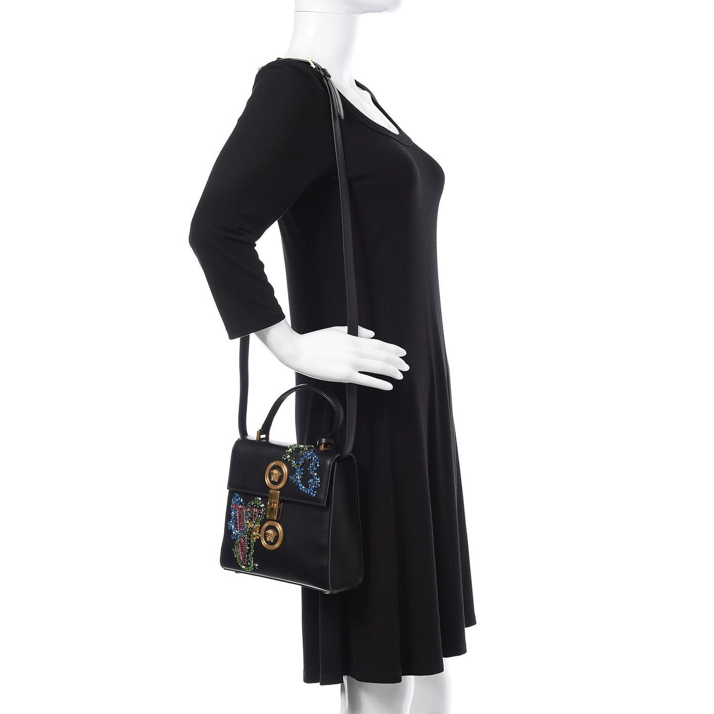Nappa Crystal Embroidered Alphabet Icon Flap Black