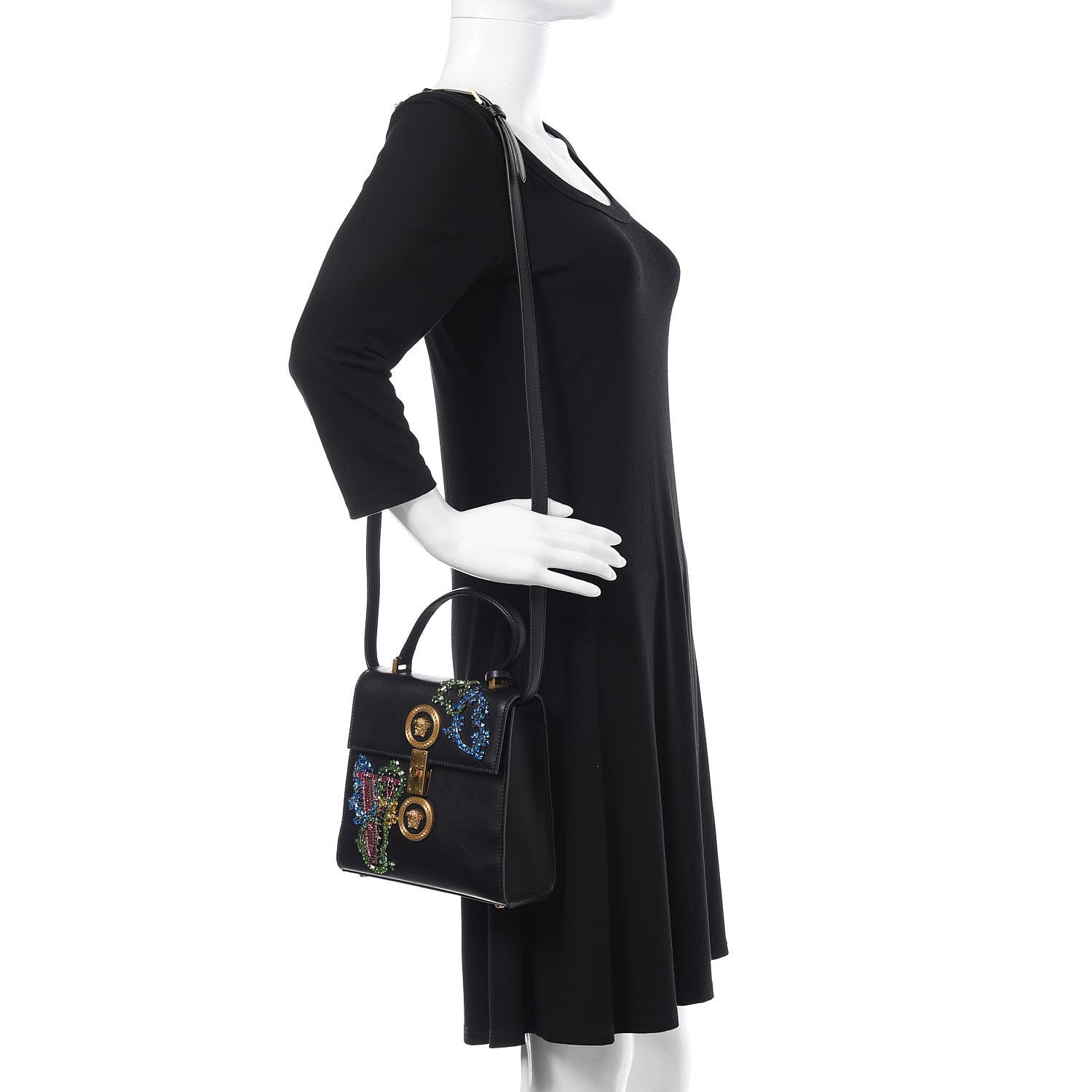 Versace Nappa Crystal Embroidered Alphabet Icon Flap Black 2 of 15