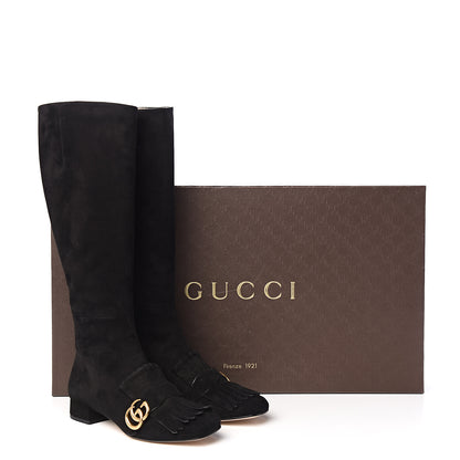Gucci Kid Scamosciato GG Marmont Fringe Knee High Boots 37.5 Black 7 of 7