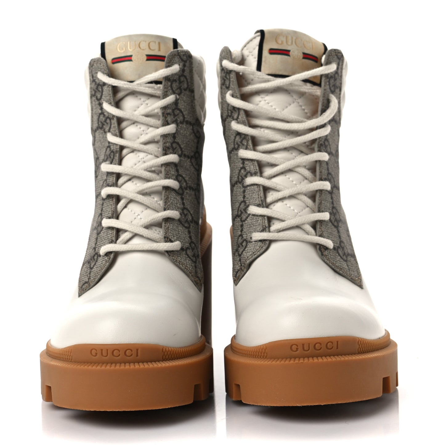 Calfskin GG Supreme Monogram Nappa Quilted Lace Up Ankle Boots 38 Mystic White Beige