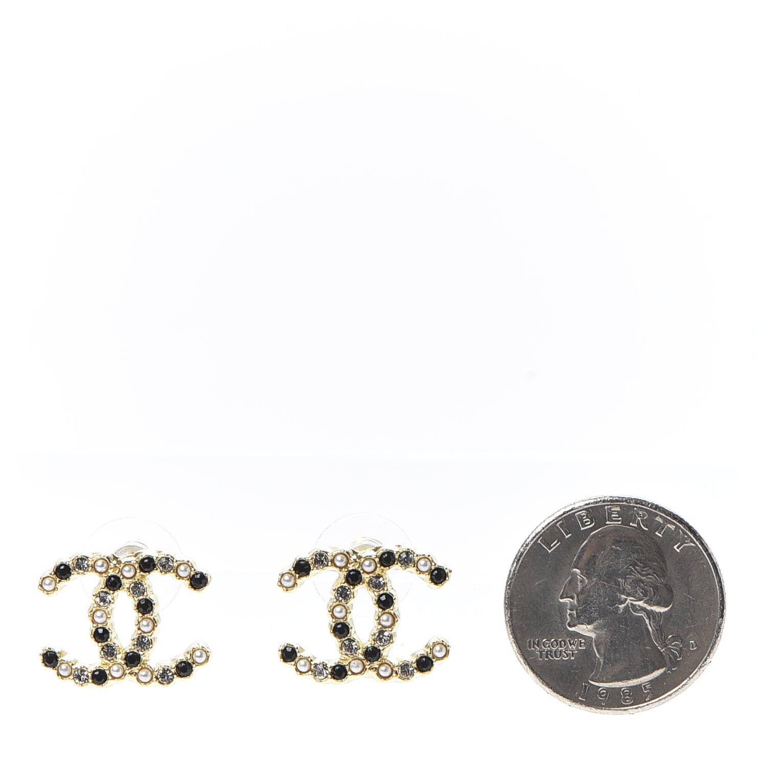 Chanel Resin Pearl Crystal CC Earrings Gold Black 2 of 5