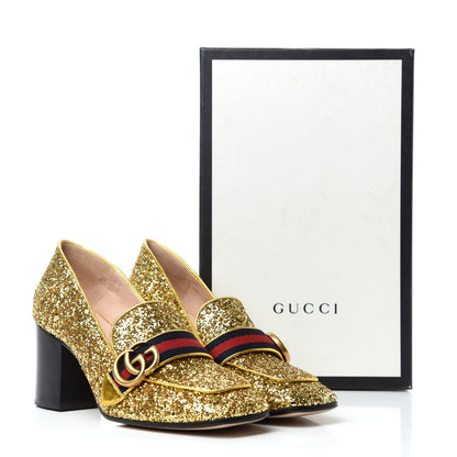 Gucci Glitter Nappa Web Peyton 75mm Loafer Pumps 38.5 Oro Vecchio 9 of 9