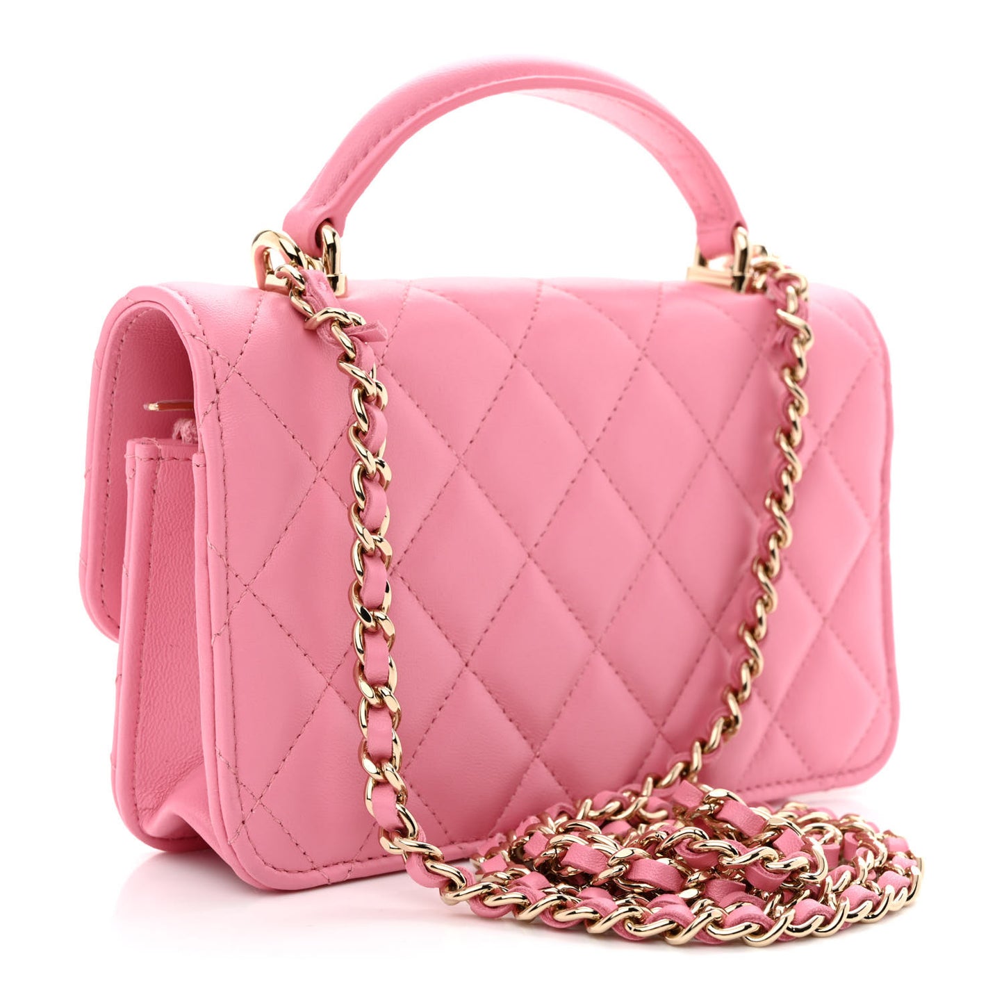 Lambskin Quilted Flap Phone Holder With Chain Pink