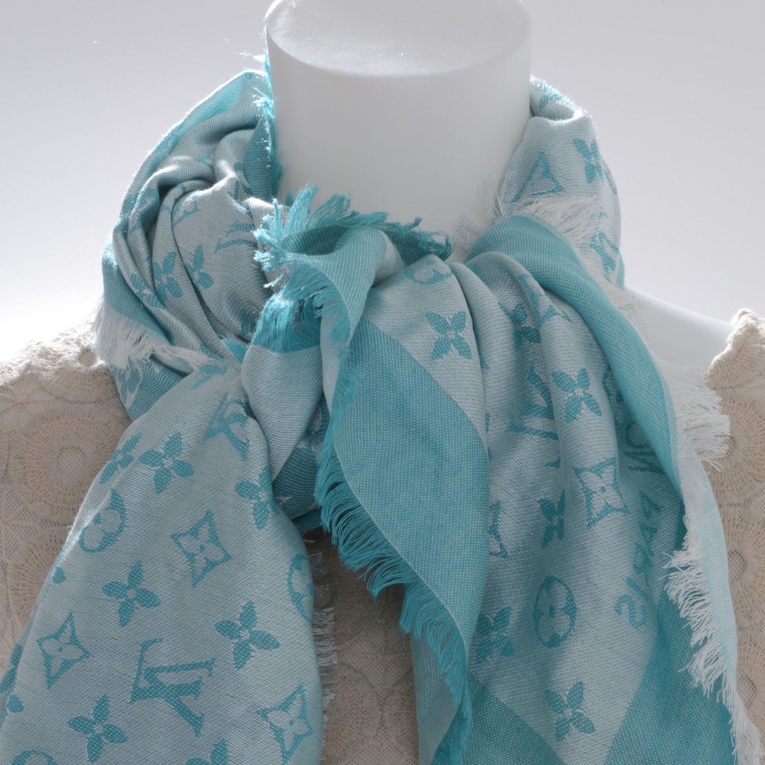 Louis Vuitton Wool Silk Monogram Stole Blue Lagon 6 of 7