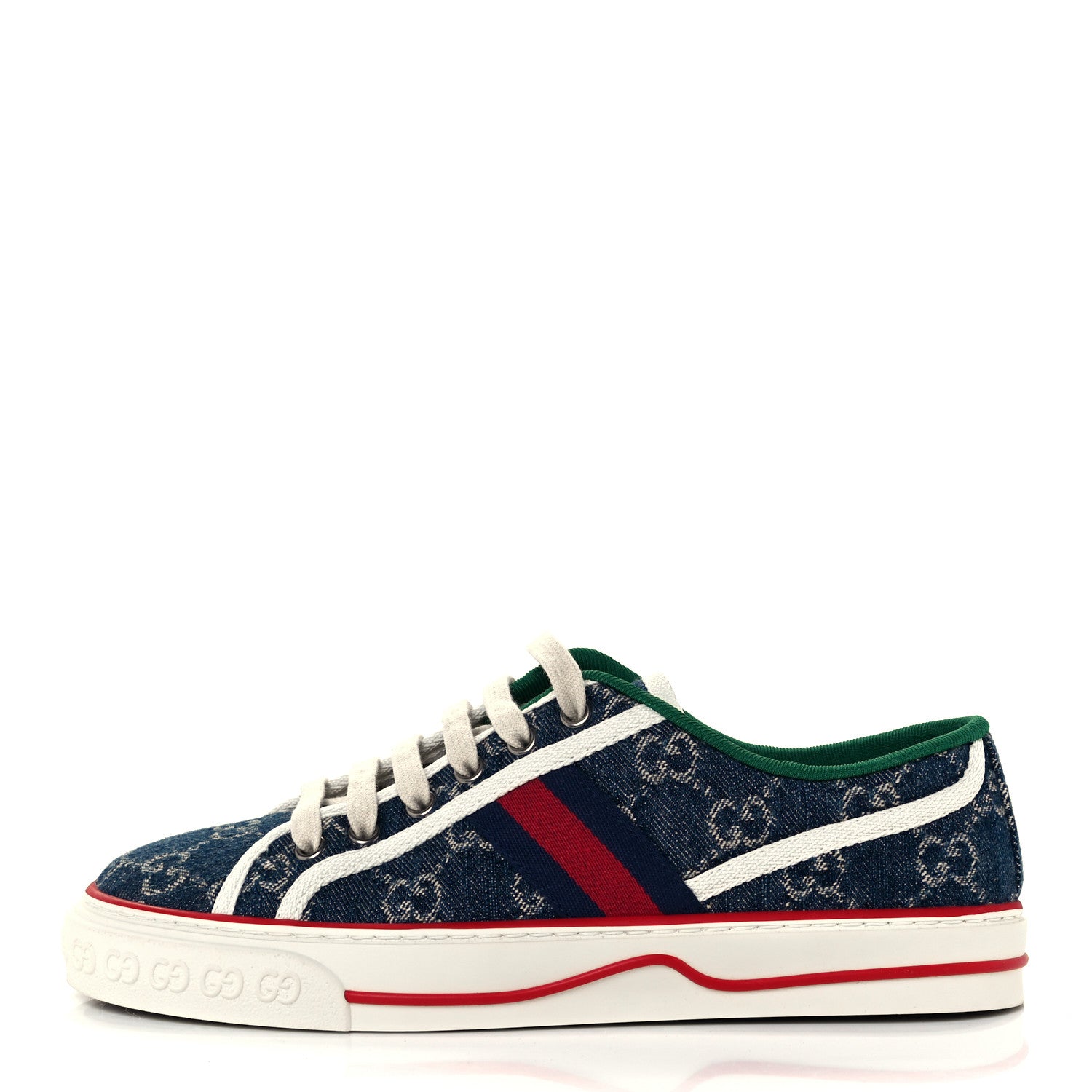 Gucci New Denim GG Monogram Web Womens 1977 Tennis Sneakers 38 Blue Tea Mystic White 1 of 9