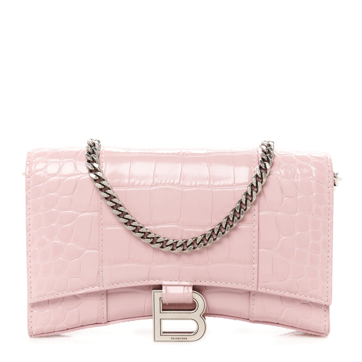 Shiny Calfskin Crocodile Embossed Hourglass Chain Bag Powder Pink
