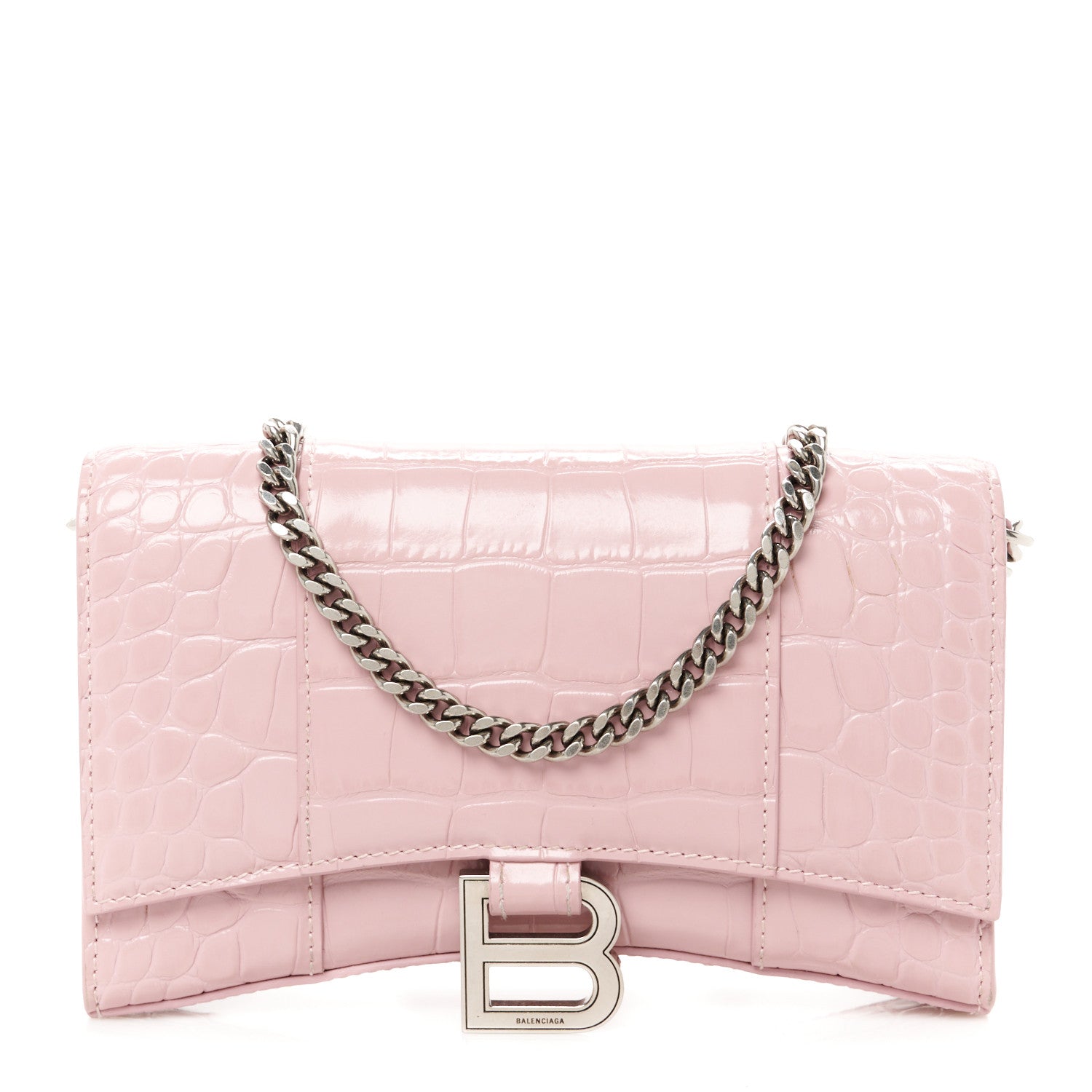 Balenciaga Shiny Calfskin Crocodile Embossed Hourglass Chain Bag Powder Pink 1 of 11